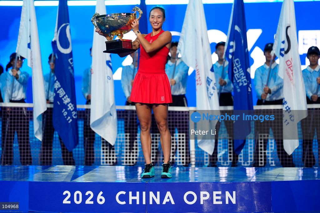 Qinwen Zheng of China,Chinese actor Jin Dong and Mirra Andreeva pose for a photograph before the Women's Singles final match on day eleven of China Open at the National Tennis Center on October 11, 2026 in Beijing, China. (Photo by Peter Li/Nexpher Images)