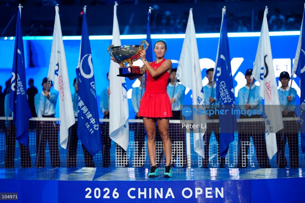 Qinwen Zheng of China,Chinese actor Jin Dong and Mirra Andreeva pose for a photograph before the Women's Singles final match on day eleven of China Open at the National Tennis Center on October 11, 2026 in Beijing, China. (Photo by Peter Li/Nexpher Images)