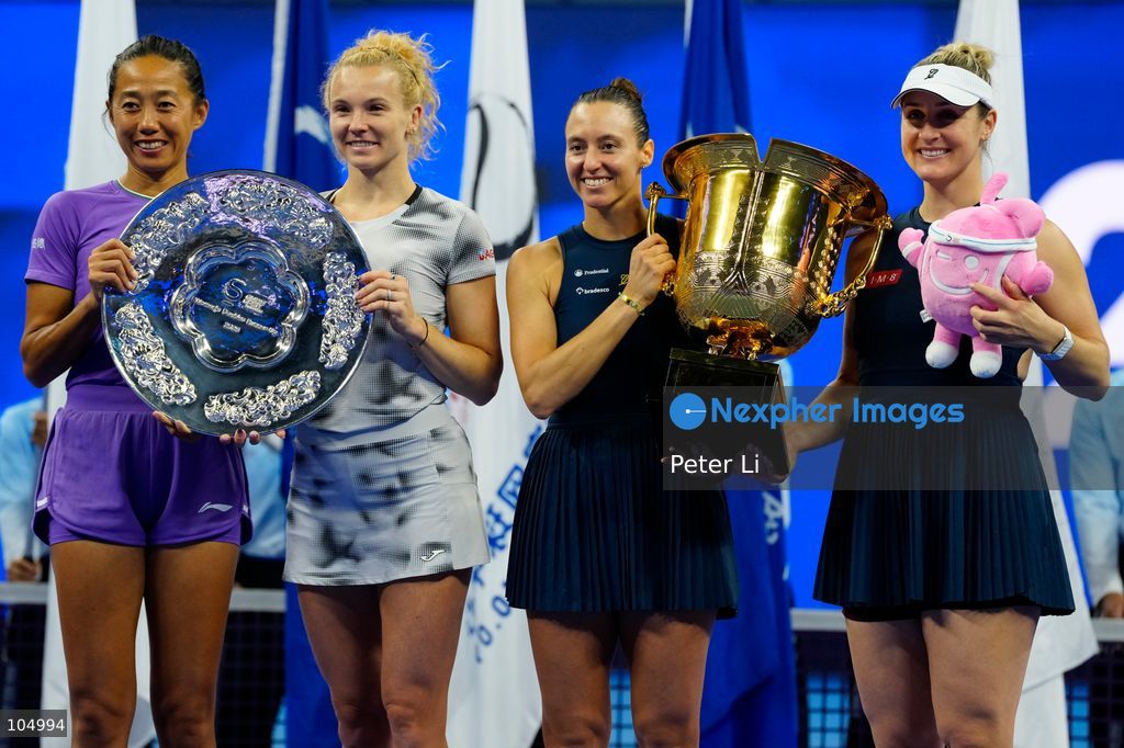 Champions Dabrowski of Canada and Stefani of Brazil pose with runners-up Siniakova of Czech Republic and Zhang Shuai of China (right) during the award ceremony after the women's doubles final at the 2026 China Open held at the Diamond Court of the National Tennis Center in Beijing, October 11, 2026. (Photo by Peter Li/Nexpher Images)