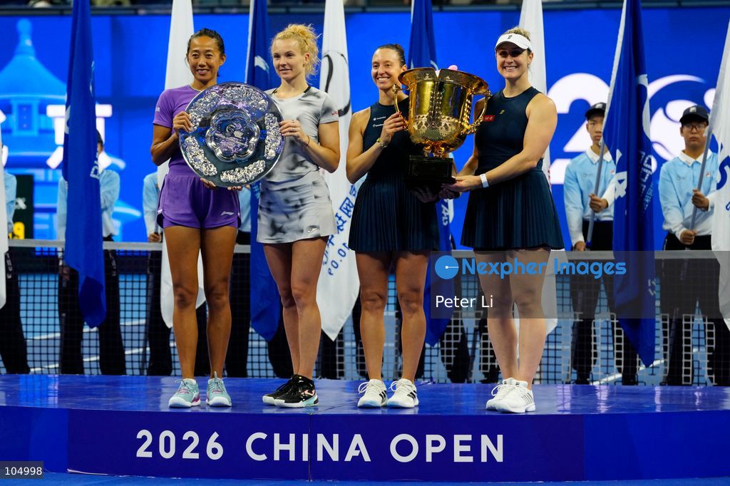 Champions Dabrowski of Canada and Stefani of Brazil pose with runners-up Siniakova of Czech Republic and Zhang Shuai of China (right) during the award ceremony after the women's doubles final at the 2026 China Open held at the Diamond Court of the National Tennis Center in Beijing, October 11, 2026. (Photo by Peter Li/Nexpher Images)