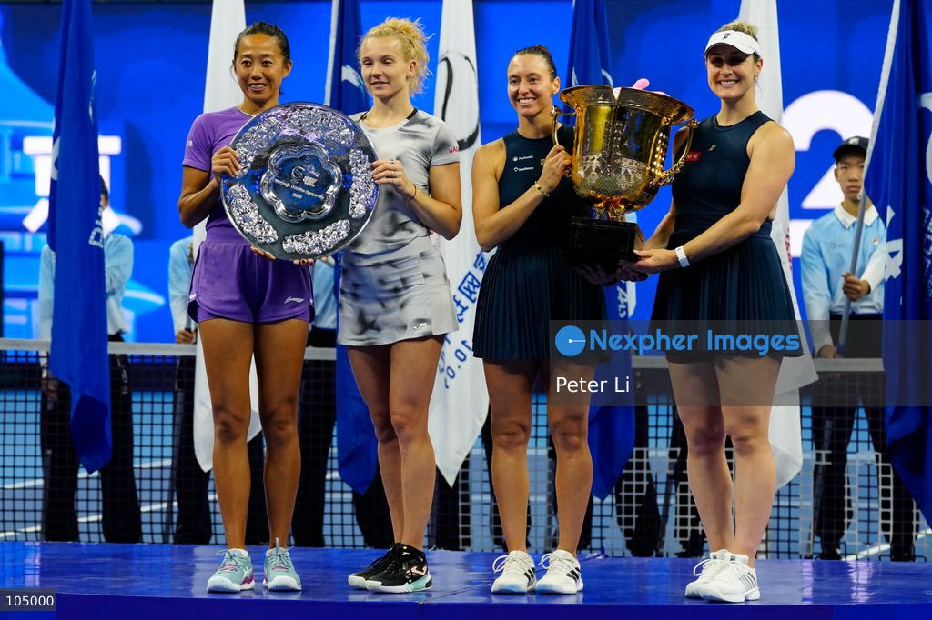 Champions Dabrowski of Canada and Stefani of Brazil pose with runners-up Siniakova of Czech Republic and Zhang Shuai of China (right) during the award ceremony after the women's doubles final at the 2026 China Open held at the Diamond Court of the National Tennis Center in Beijing, October 11, 2026. (Photo by Peter Li/Nexpher Images)