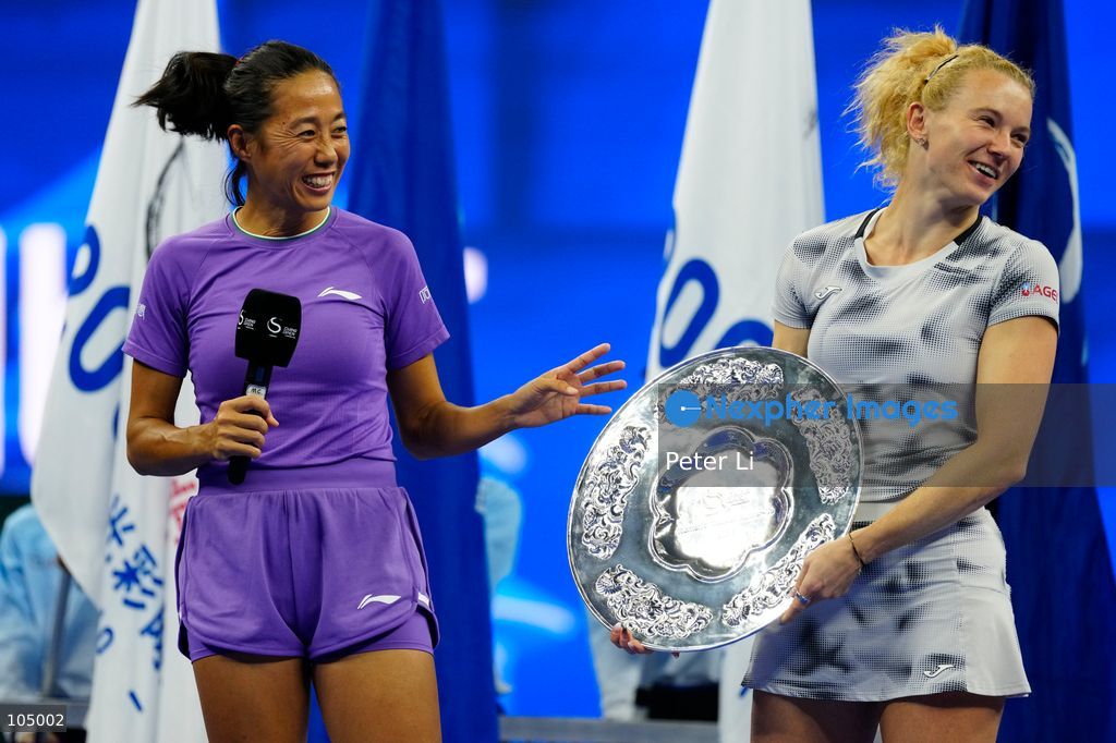 Katerina Siniakova, of the Czech Republic, and Zhang Shuai, of China hold runners-up trophy after losing the women's doubles final match against Gabriela Dabrowski, of Canada, and Luisa Stefani, of Brazil at the China Open tennis tournament in Beijing, Sunday, Oct. 11, 2026. (Photo by Peter Li/Nexpher Images)