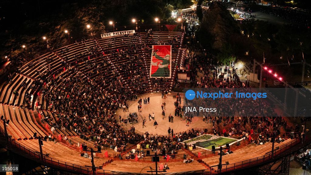 TOP PICS - ATHENS, GREECE, OCTOBER 10, 2026: Thousands of people attend a Palestine solidarity festival organized by March to Gaza Greece at the Lycabettus Theatre in Athens. The event included discussions on Palestine, live connections with participants in Gaza and the West Bank, cultural exhibits and live music performances. Photo by Vedat Yeler / JNA Press. (Photo by Vedat Yeler/JNA Press via Nexpher Images)