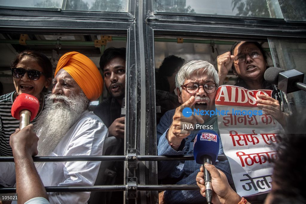 TOP PICS - NEW DELHI, INDIA, OCTOBER 10, 2026: Police officers detain a protester during demonstrations organized by the Cockroach Janta Party (CJP) demanding the resignation of India's Chief Election Commissioner Gyanesh Kumar over alleged irregularities in electoral roll revisions. Indian authorities deployed thousands of security personnel and imposed restrictions across New Delhi to prevent protesters from gathering at Jantar Mantar. Thousands of demonstrators and activists were detained during the police operation. Photo by Amit Shukla / JNA Press. (Photo by Amit shukla/JNA Press via Nexpher Images)