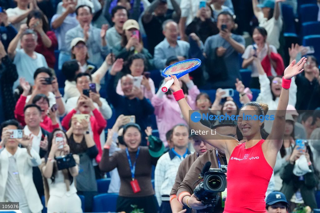 Zheng Qinwen of China celebrates winning against Mirra Andreeva of the Russia during their Womens Singles final match at the China Open tennis tournament in Beijing, China, 11 October 2026. (Photo by Peter Li/Nexpher Images)
