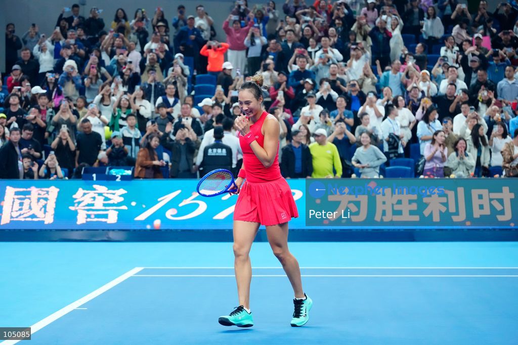 Zheng Qinwen of China celebrates winning against Mirra Andreeva of the Russia during their Womens Singles final match at the China Open tennis tournament in Beijing, China, 11 October 2026. (Photo by Peter Li/Nexpher Images)