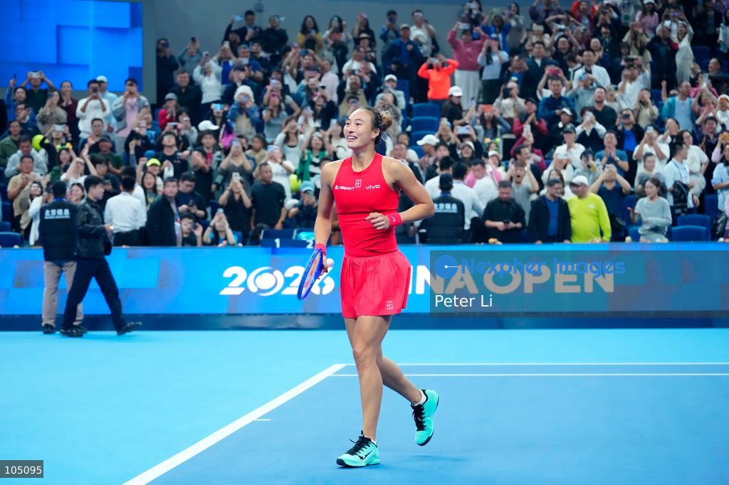Zheng Qinwen of China celebrates winning against Mirra Andreeva of the Russia during their Womens Singles final match at the China Open tennis tournament in Beijing, China, 11 October 2026. (Photo by Peter Li/Nexpher Images)
