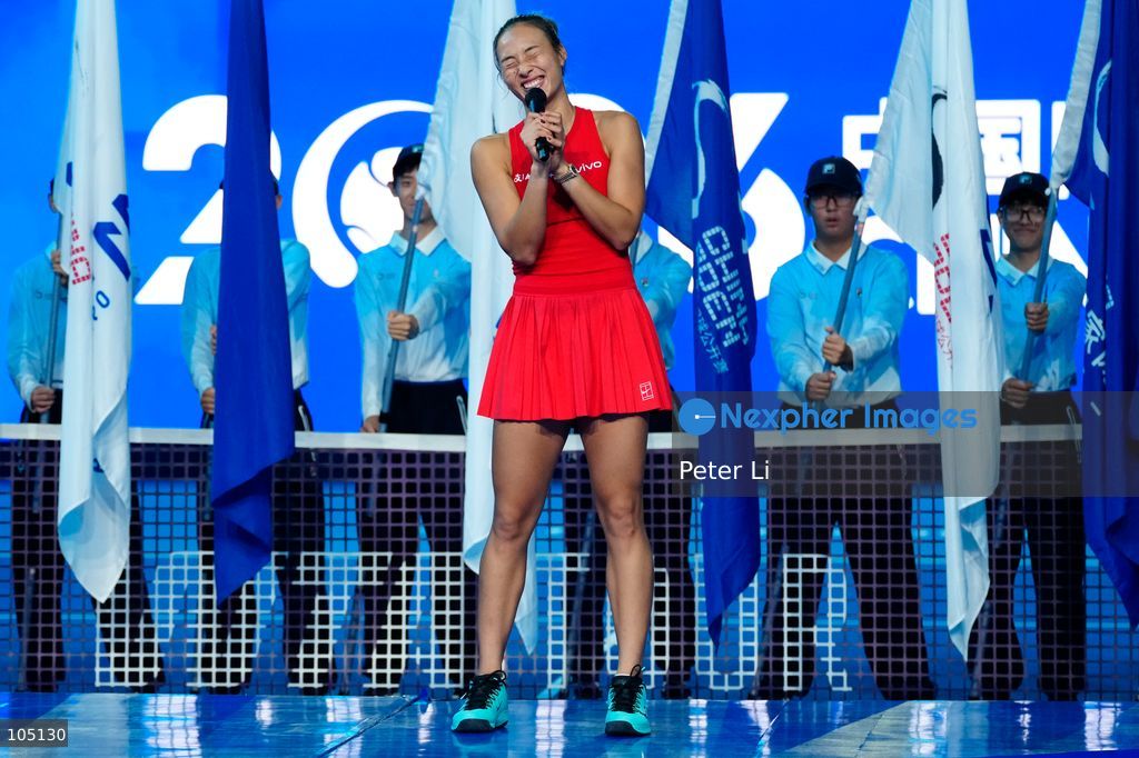 Zheng Qinwen of China poses with her trophy after winning her Womens Singles final match against Mirra Andreeva of the Russia at the China Open tennis tournament in Beijing, China, 11 October 2026. (Photo by Peter Li/Nexpher Images)