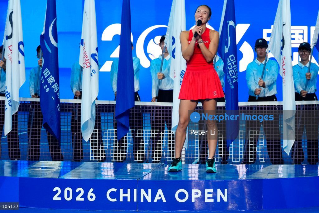 Zheng Qinwen of China poses with her trophy after winning her Womens Singles final match against Mirra Andreeva of the Russia at the China Open tennis tournament in Beijing, China, 11 October 2026. (Photo by Peter Li/Nexpher Images)