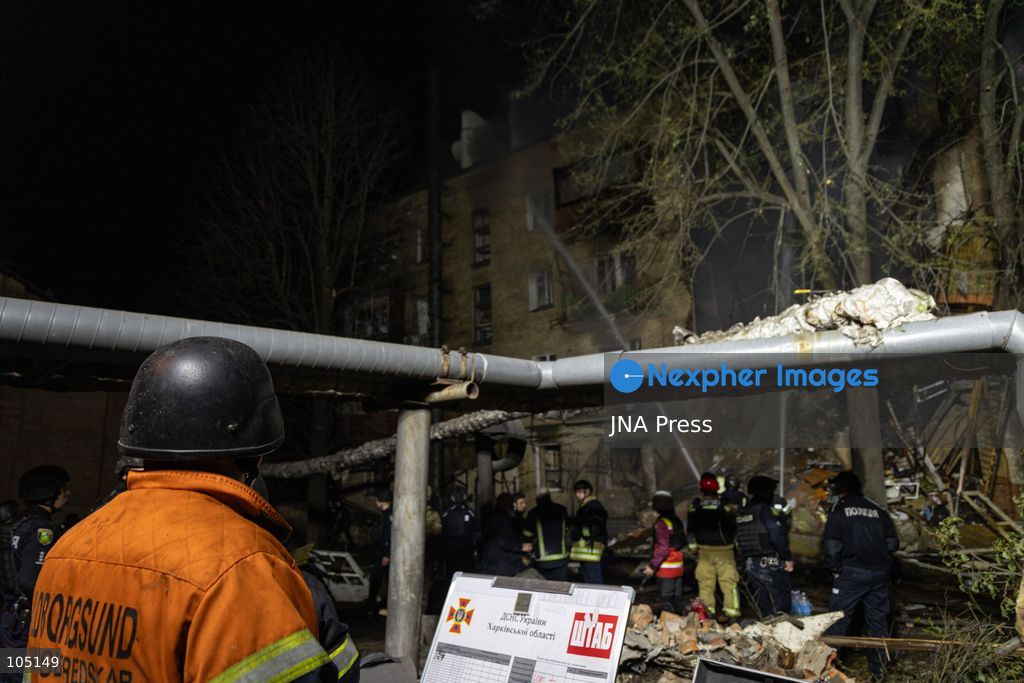 KHARKIV, UKRAINE, OCTOBER 12, 2026: A Russian strike destroyed a section of a four-story residential building in the Kholodnohirskyi District of Kharkiv, Ukraine, on the evening of October 12. Authorities said Russian forces used Banderol-type missiles in the attack. Rescuers recovered the bodies of three people, and search operations continued. Photo by Andrew Cling / JNA Press (Photo by Andrew Cling/JNA Press via Nexpher Images)