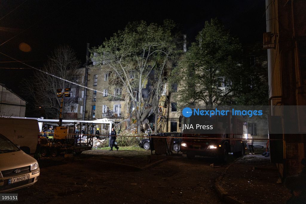 KHARKIV, UKRAINE, OCTOBER 12, 2026: A Russian strike destroyed a section of a four-story residential building in the Kholodnohirskyi District of Kharkiv, Ukraine, on the evening of October 12. Authorities said Russian forces used Banderol-type missiles in the attack. Rescuers recovered the bodies of three people, and search operations continued. Photo by Andrew Cling / JNA Press (Photo by Andrew Cling/JNA Press via Nexpher Images)