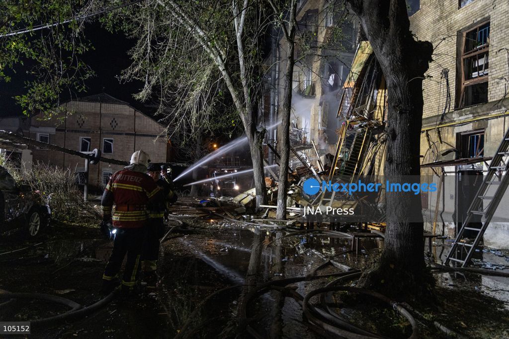 KHARKIV, UKRAINE, OCTOBER 12, 2026: A Russian strike destroyed a section of a four-story residential building in the Kholodnohirskyi District of Kharkiv, Ukraine, on the evening of October 12. Authorities said Russian forces used Banderol-type missiles in the attack. Rescuers recovered the bodies of three people, and search operations continued. Photo by Andrew Cling / JNA Press (Photo by Andrew Cling/JNA Press via Nexpher Images)