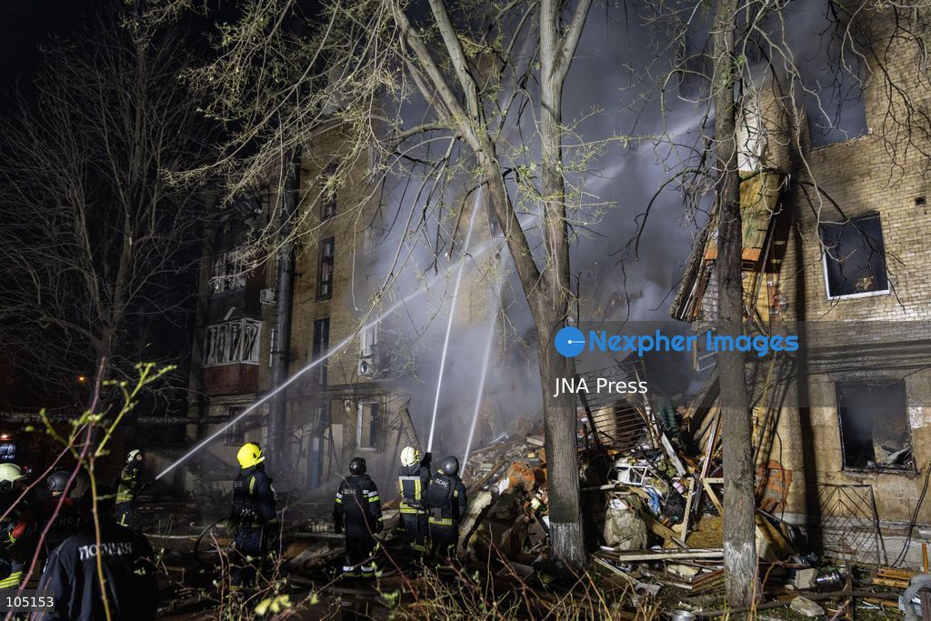 KHARKIV, UKRAINE, OCTOBER 12, 2026: A Russian strike destroyed a section of a four-story residential building in the Kholodnohirskyi District of Kharkiv, Ukraine, on the evening of October 12. Authorities said Russian forces used Banderol-type missiles in the attack. Rescuers recovered the bodies of three people, and search operations continued. Photo by Andrew Cling / JNA Press (Photo by Andrew Cling/JNA Press via Nexpher Images)