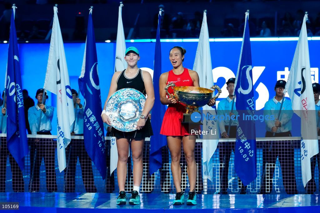 Zheng Qinwen of China poses with her trophy after winning her Womens Singles final match against Mirra Andreeva of the Russia at the China Open tennis tournament in Beijing, China, 11 October 2026. (Photo by Peter Li/Nexpher Images)