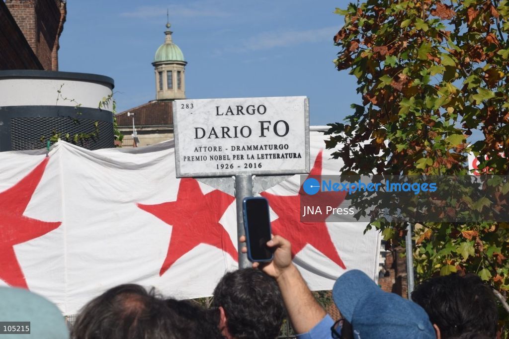 MILAN, ITALY - OCTOBER 13, 2026: A view of the newly unveiled plaque dedication at the brand new "Largo Dario Fo" public square in Milan, Italy, on October 13, 2026. The Municipality of Milan officially dedicated the newly redeveloped pedestrian area off via Francesco Sforza, adjacent to the Università Statale to the late Italian playwright, actor, and 1997 Nobel laureate in Literature on the 10th anniversary of his passing. Photo by Nadia Caimi / JNA Press (Photo by Nadia Caimi/JNA Press via Nexpher Images)
