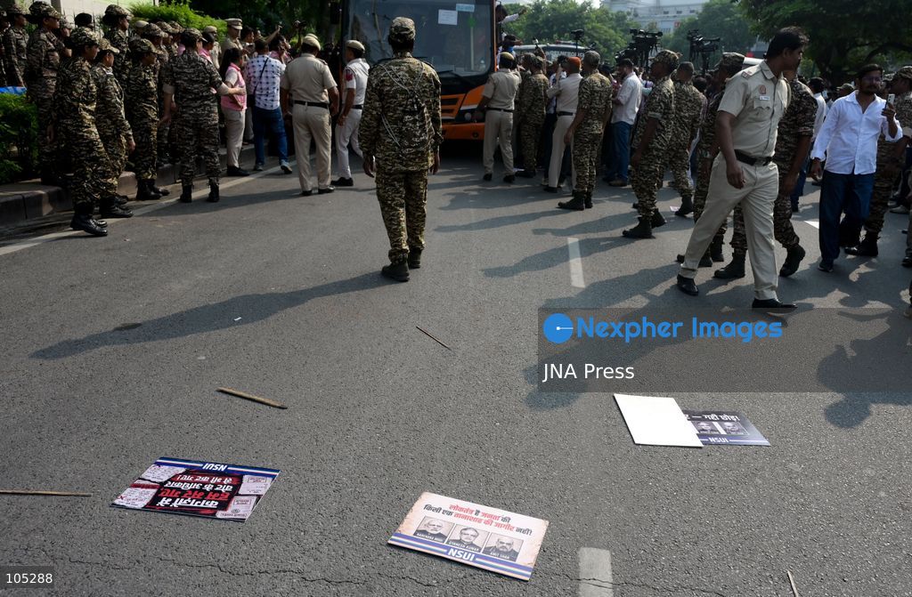 NEW DELHI, INDIA, OCTOBER 13, 2026: Security personnel detain members of the National Students' Union of India (NSUI), the student wing of the Indian National Congress, during a protest at Connaught Place in New Delhi. Demonstrators demand the resignation of Chief Election Commissioner Gyanesh Kumar over alleged electoral irregularities. Photo by Vishal Kapoor / JNA Press. (Photo by Vishal Kapoor/JNA Press via Nexpher Images)