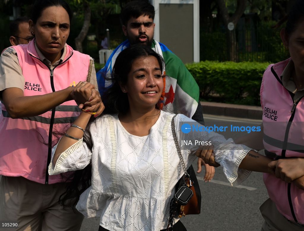 NEW DELHI, INDIA, OCTOBER 13, 2026: Security personnel detain members of the National Students' Union of India (NSUI), the student wing of the Indian National Congress, during a protest at Connaught Place in New Delhi. Demonstrators demand the resignation of Chief Election Commissioner Gyanesh Kumar over alleged electoral irregularities. Photo by Vishal Kapoor / JNA Press. (Photo by Vishal Kapoor/JNA Press via Nexpher Images)