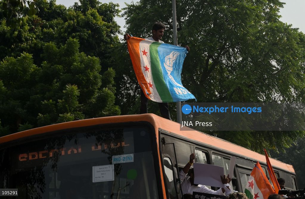 NEW DELHI, INDIA, OCTOBER 13, 2026: Security personnel detain members of the National Students' Union of India (NSUI), the student wing of the Indian National Congress, during a protest at Connaught Place in New Delhi. Demonstrators demand the resignation of Chief Election Commissioner Gyanesh Kumar over alleged electoral irregularities. Photo by Vishal Kapoor / JNA Press. (Photo by Vishal Kapoor/JNA Press via Nexpher Images)