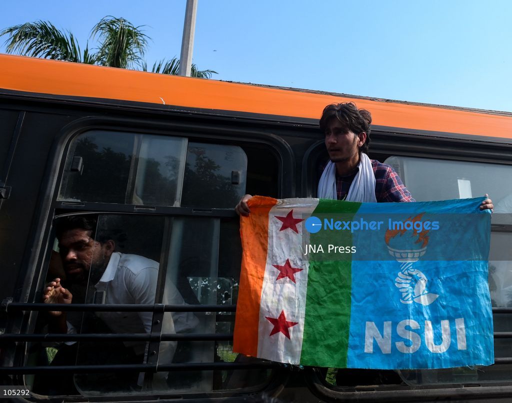 NEW DELHI, INDIA, OCTOBER 13, 2026: Security personnel detain members of the National Students' Union of India (NSUI), the student wing of the Indian National Congress, during a protest at Connaught Place in New Delhi. Demonstrators demand the resignation of Chief Election Commissioner Gyanesh Kumar over alleged electoral irregularities. Photo by Vishal Kapoor / JNA Press. (Photo by Vishal Kapoor/JNA Press via Nexpher Images)