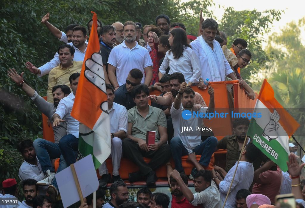 NEW DELHI, INDIA, OCTOBER 12, 2026: Congress leaders Rahul Gandhi and Priyanka Gandhi Vadra take part in a protest march from Barakhamba Road towards the Supreme Court in New Delhi, demanding the resignation of Chief Election Commissioner Gyanesh Kumar over alleged irregularities in the Special Intensive Revision (SIR) of electoral rolls. The Election Commission denies wrongdoing. Photo by Vishal Kapoor / JNA Press. (Photo by Vishal Kapoor/JNA Press via Nexpher Images)