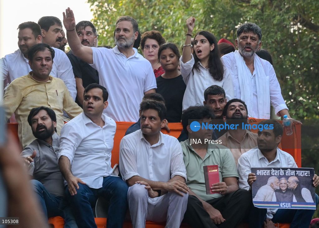 NEW DELHI, INDIA, OCTOBER 12, 2026: Congress leaders Rahul Gandhi and Priyanka Gandhi Vadra take part in a protest march from Barakhamba Road towards the Supreme Court in New Delhi, demanding the resignation of Chief Election Commissioner Gyanesh Kumar over alleged irregularities in the Special Intensive Revision (SIR) of electoral rolls. The Election Commission denies wrongdoing. Photo by Vishal Kapoor / JNA Press. (Photo by Vishal Kapoor/JNA Press via Nexpher Images)