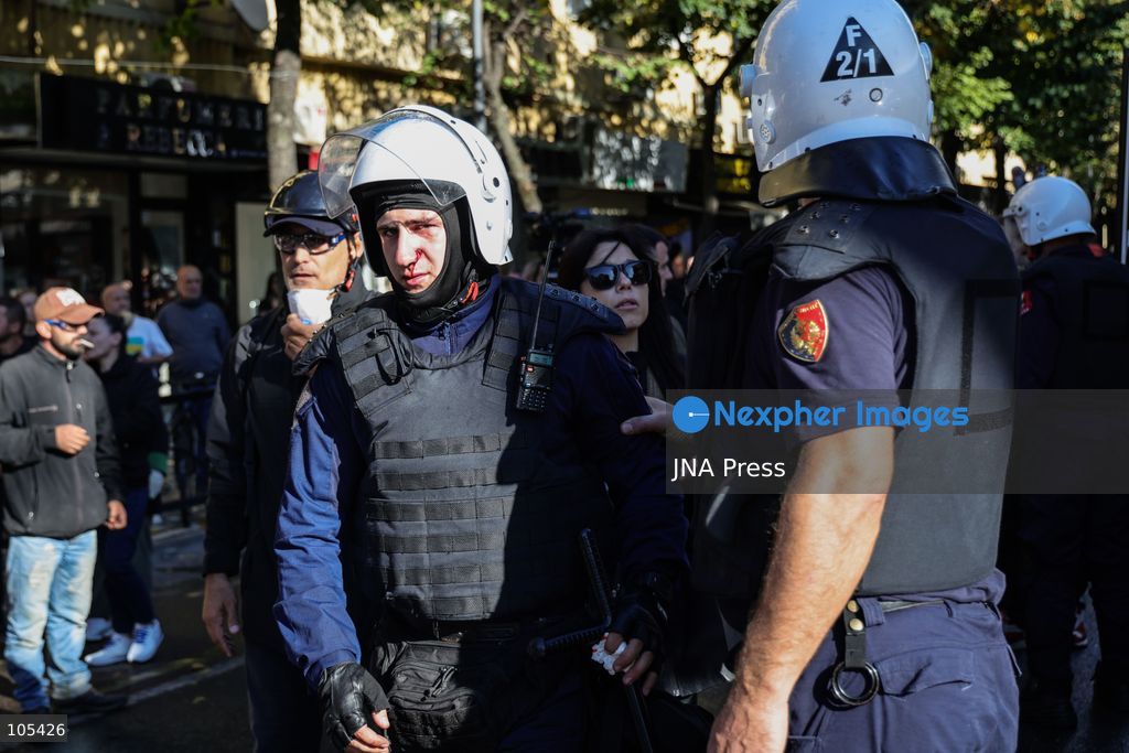 TIRANA, ALBANIA, OCTOBER 13, 2026: Student demonstrators clash with riot police outside the Ministry of Education in Tirana during a protest over university conditions, higher education costs and employment prospects. Police deploy tear gas and water cannons as protesters throw bricks and other objects. Several demonstrators are detained. Photo by Vlasov Sulaj / JNA Press. (Photo by Vlasov Sulaj/JNA Press via Nexpher Images)