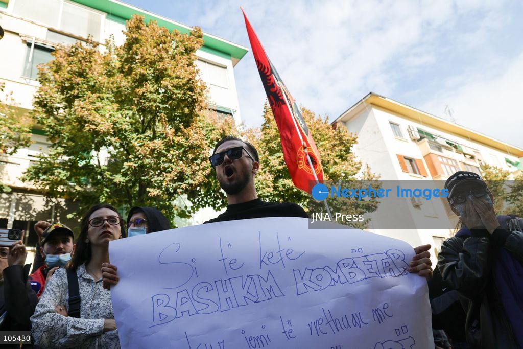 TIRANA, ALBANIA, OCTOBER 13, 2026: Student demonstrators clash with riot police outside the Ministry of Education in Tirana during a protest over university conditions, higher education costs and employment prospects. Police deploy tear gas and water cannons as protesters throw bricks and other objects. Several demonstrators are detained. Photo by Vlasov Sulaj / JNA Press. (Photo by Vlasov Sulaj/JNA Press via Nexpher Images)