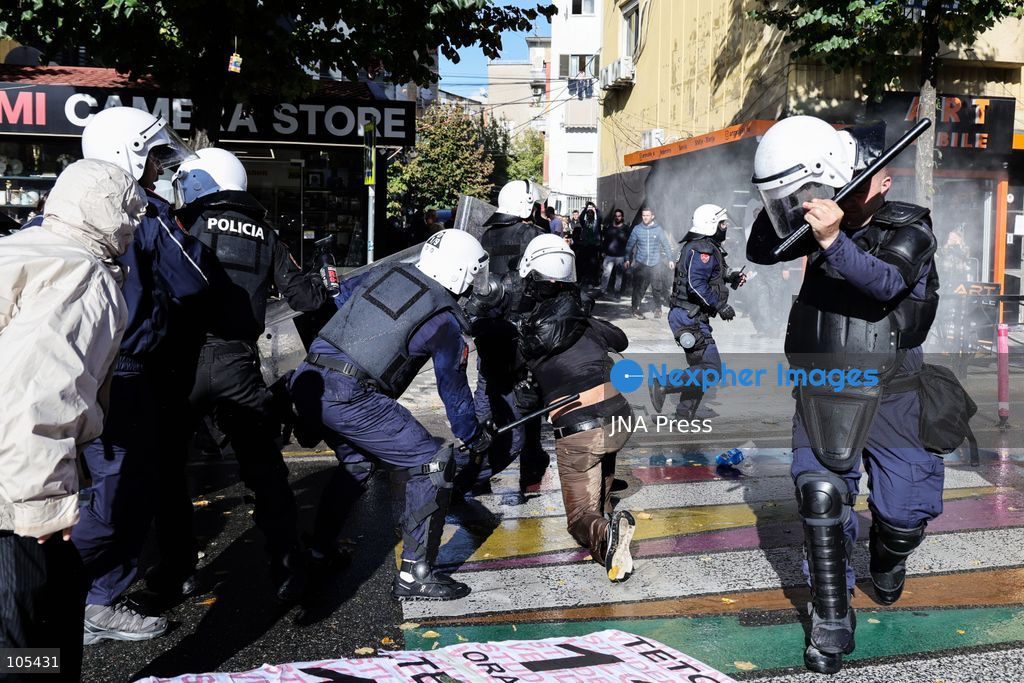 TIRANA, ALBANIA, OCTOBER 13, 2026: Student demonstrators clash with riot police outside the Ministry of Education in Tirana during a protest over university conditions, higher education costs and employment prospects. Police deploy tear gas and water cannons as protesters throw bricks and other objects. Several demonstrators are detained. Photo by Vlasov Sulaj / JNA Press. (Photo by Vlasov Sulaj/JNA Press via Nexpher Images)