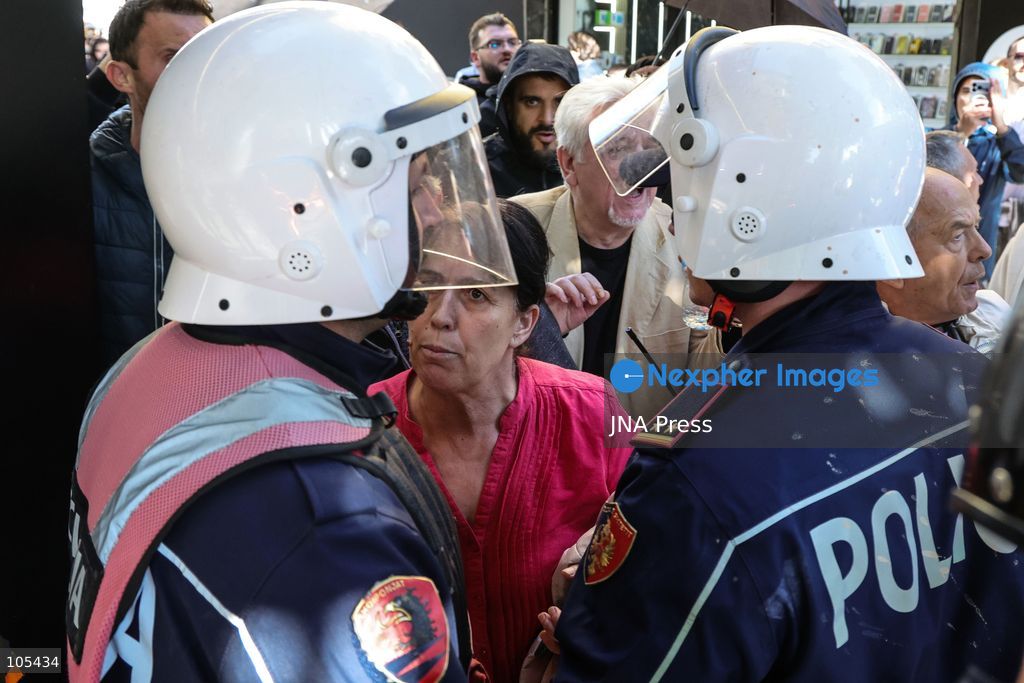 TIRANA, ALBANIA, OCTOBER 13, 2026: Student demonstrators clash with riot police outside the Ministry of Education in Tirana during a protest over university conditions, higher education costs and employment prospects. Police deploy tear gas and water cannons as protesters throw bricks and other objects. Several demonstrators are detained. Photo by Vlasov Sulaj / JNA Press. (Photo by Vlasov Sulaj/JNA Press via Nexpher Images)