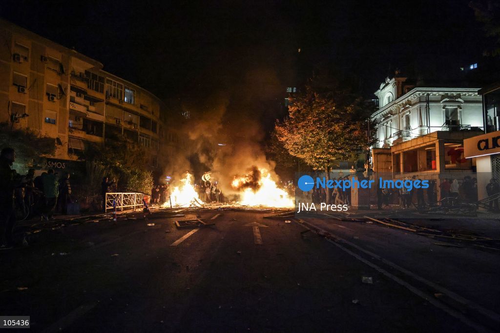 TIRANA, ALBANIA, OCTOBER 13, 2026: Student demonstrators clash with riot police outside the Ministry of Education in Tirana during a protest over university conditions, higher education costs and employment prospects. Police deploy tear gas and water cannons as protesters throw bricks and other objects. Several demonstrators are detained. Photo by Vlasov Sulaj / JNA Press. (Photo by Vlasov Sulaj/JNA Press via Nexpher Images)