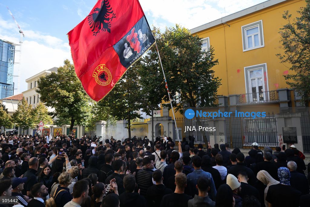 TIRANA, ALBANIA, OCTOBER 13, 2026: Student demonstrators clash with riot police outside the Ministry of Education in Tirana during a protest over university conditions, higher education costs and employment prospects. Police deploy tear gas and water cannons as protesters throw bricks and other objects. Several demonstrators are detained. Photo by Vlasov Sulaj / JNA Press. (Photo by Vlasov Sulaj/JNA Press via Nexpher Images)
