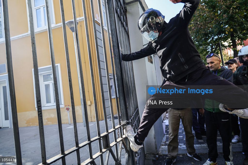 TIRANA, ALBANIA, OCTOBER 13, 2026: Student demonstrators clash with riot police outside the Ministry of Education in Tirana during a protest over university conditions, higher education costs and employment prospects. Police deploy tear gas and water cannons as protesters throw bricks and other objects. Several demonstrators are detained. Photo by Vlasov Sulaj / JNA Press. (Photo by Vlasov Sulaj/JNA Press via Nexpher Images)