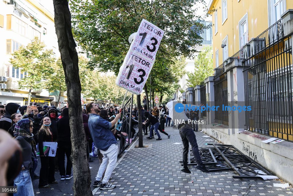 TIRANA, ALBANIA, OCTOBER 13, 2026: Student demonstrators clash with riot police outside the Ministry of Education in Tirana during a protest over university conditions, higher education costs and employment prospects. Police deploy tear gas and water cannons as protesters throw bricks and other objects. Several demonstrators are detained. Photo by Vlasov Sulaj / JNA Press. (Photo by Vlasov Sulaj/JNA Press via Nexpher Images)