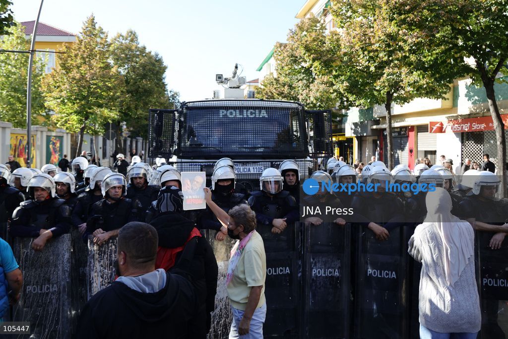 TIRANA, ALBANIA, OCTOBER 13, 2026: Student demonstrators clash with riot police outside the Ministry of Education in Tirana during a protest over university conditions, higher education costs and employment prospects. Police deploy tear gas and water cannons as protesters throw bricks and other objects. Several demonstrators are detained. Photo by Vlasov Sulaj / JNA Press. (Photo by Vlasov Sulaj/JNA Press via Nexpher Images)