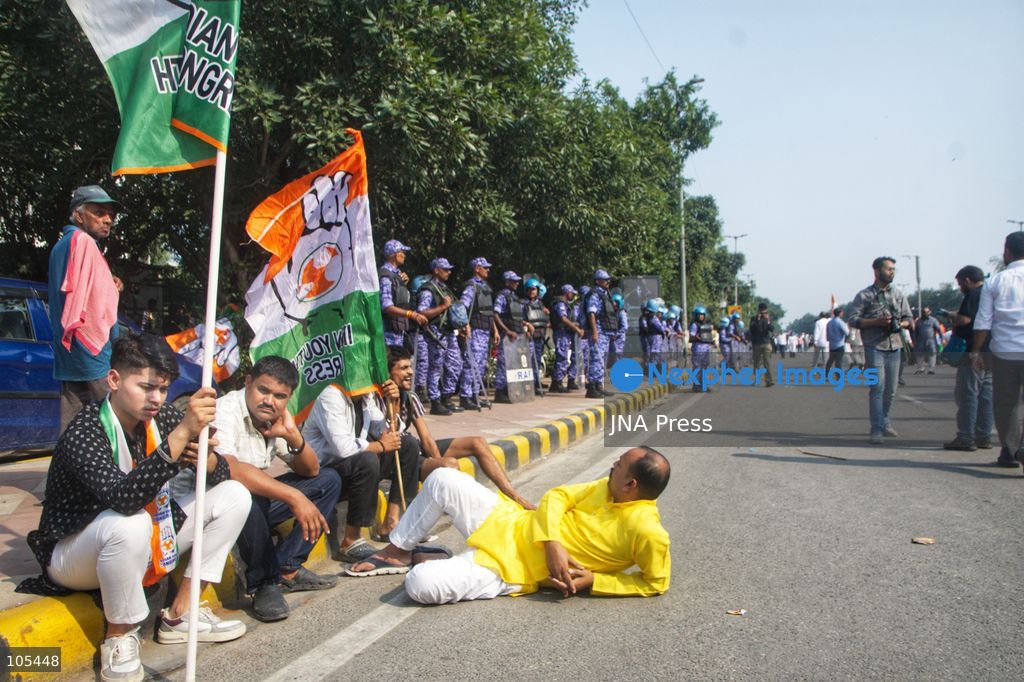 NEW DELHI, INDIA, OCTOBER 12, 2026: Congress party workers and opposition leaders take part in a protest in New Delhi demanding the resignation of Chief Election Commissioner Gyanesh Kumar over alleged electoral irregularities and revisions to voter rolls under the Special Intensive Revision (SIR). Police detain participants during the demonstration amid a heavy security deployment. Photo by Amit Sukula / JNA Press. (Photo by Amit shukla/JNA Press via Nexpher Images)