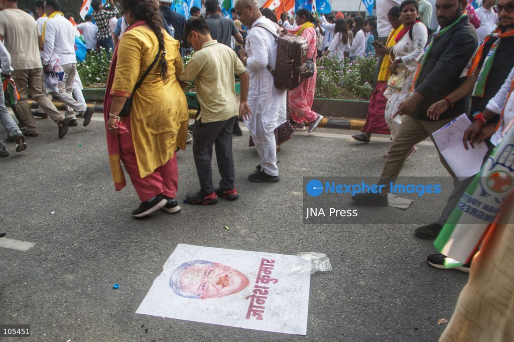 NEW DELHI, INDIA, OCTOBER 12, 2026: Congress party workers and opposition leaders take part in a protest in New Delhi demanding the resignation of Chief Election Commissioner Gyanesh Kumar over alleged electoral irregularities and revisions to voter rolls under the Special Intensive Revision (SIR). Police detain participants during the demonstration amid a heavy security deployment. Photo by Amit Sukula / JNA Press. (Photo by Amit shukla/JNA Press via Nexpher Images)