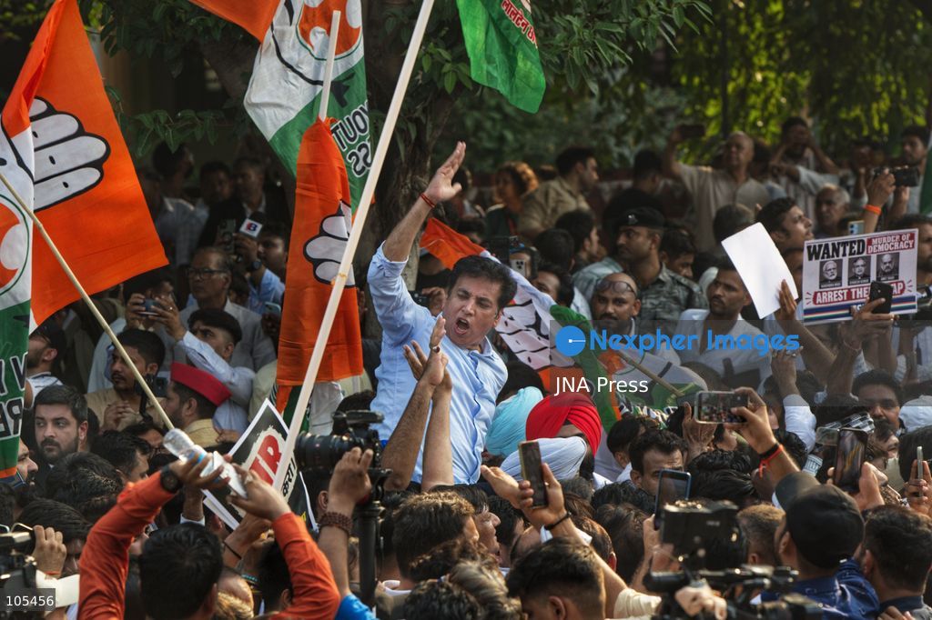 NEW DELHI, INDIA, OCTOBER 12, 2026: Congress party workers and opposition leaders take part in a protest in New Delhi demanding the resignation of Chief Election Commissioner Gyanesh Kumar over alleged electoral irregularities and revisions to voter rolls under the Special Intensive Revision (SIR). Police detain participants during the demonstration amid a heavy security deployment. Photo by Amit Sukula / JNA Press. (Photo by Amit shukla/JNA Press via Nexpher Images)