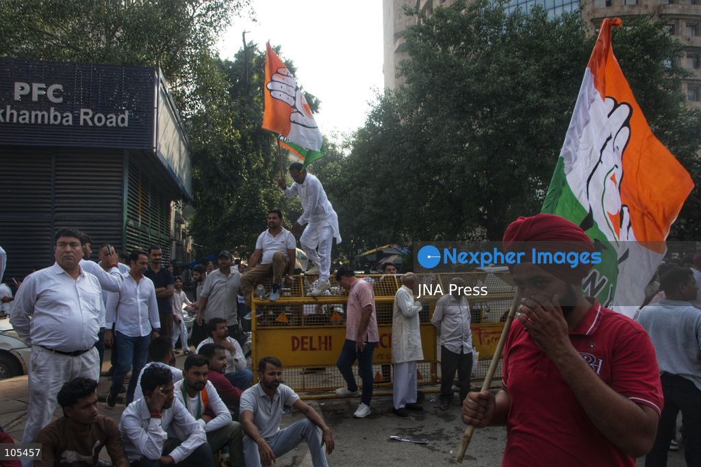 NEW DELHI, INDIA, OCTOBER 12, 2026: Congress party workers and opposition leaders take part in a protest in New Delhi demanding the resignation of Chief Election Commissioner Gyanesh Kumar over alleged electoral irregularities and revisions to voter rolls under the Special Intensive Revision (SIR). Police detain participants during the demonstration amid a heavy security deployment. Photo by Amit Sukula / JNA Press. (Photo by Amit shukla/JNA Press via Nexpher Images)