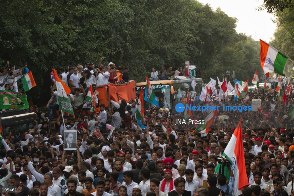 NEW DELHI, INDIA, OCTOBER 12, 2026: Congress party workers and opposition leaders take part in a protest in New Delhi demanding the resignation of Chief Election Commissioner Gyanesh Kumar over alleged electoral irregularities and revisions to voter rolls under the Special Intensive Revision (SIR). Police detain participants during the demonstration amid a heavy security deployment. Photo by Amit Sukula / JNA Press. (Photo by Amit shukla/JNA Press via Nexpher Images)