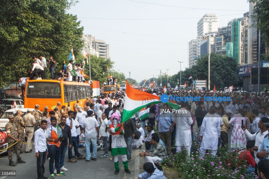 NEW DELHI, INDIA, OCTOBER 12, 2026: Congress party workers and opposition leaders take part in a protest in New Delhi demanding the resignation of Chief Election Commissioner Gyanesh Kumar over alleged electoral irregularities and revisions to voter rolls under the Special Intensive Revision (SIR). Police detain participants during the demonstration amid a heavy security deployment. Photo by Amit Sukula / JNA Press. (Photo by Amit shukla/JNA Press via Nexpher Images)