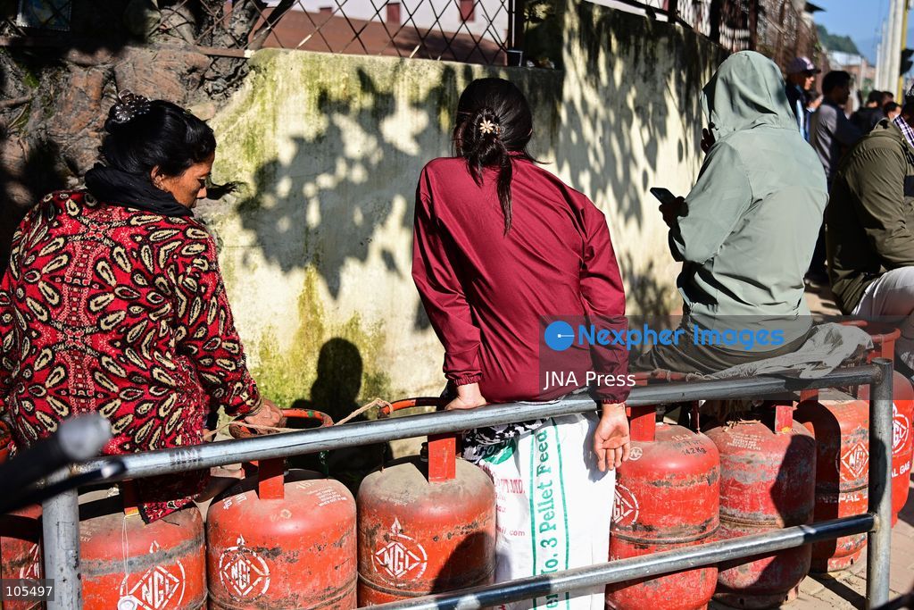 KATHMANDU, NEPAL, OCTOBER 14, 2026: Consumers queue with empty liquefied petroleum gas (LPG) cylinders at a distribution centre in Kathmandu amid a cooking gas shortage during the Dashain festival. Floods and landslides have disrupted transport routes supplying the capital, compounding difficulties in obtaining gas for household cooking and festival preparations. Photo by Safal Prakash Shrestha / JNA Press. (Photo by Safal Prakash Shrestha/JNA Press via Nexpher Images)