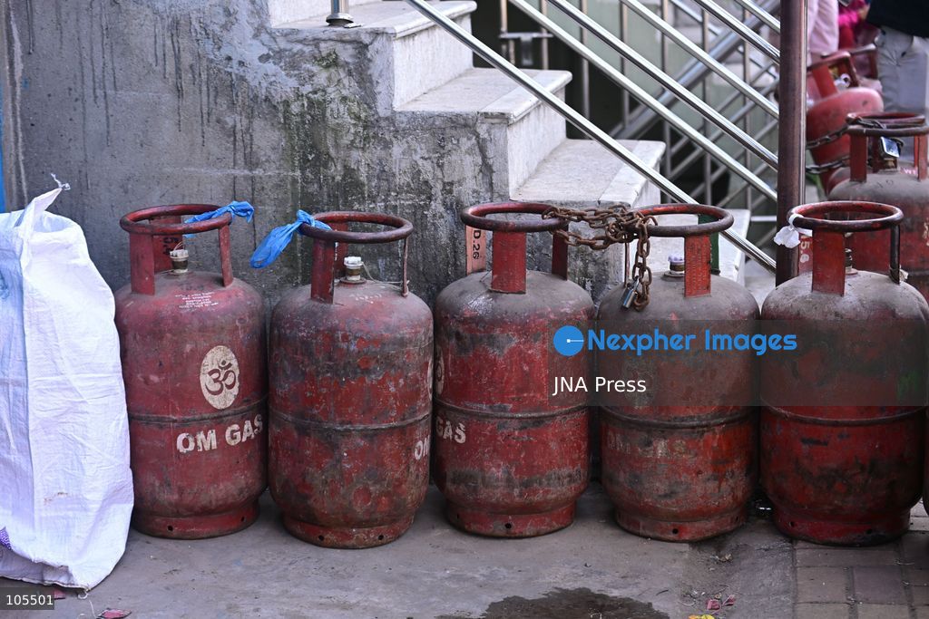 KATHMANDU, NEPAL, OCTOBER 14, 2026: Consumers queue with empty liquefied petroleum gas (LPG) cylinders at a distribution centre in Kathmandu amid a cooking gas shortage during the Dashain festival. Floods and landslides have disrupted transport routes supplying the capital, compounding difficulties in obtaining gas for household cooking and festival preparations. Photo by Safal Prakash Shrestha / JNA Press. (Photo by Safal Prakash Shrestha/JNA Press via Nexpher Images)