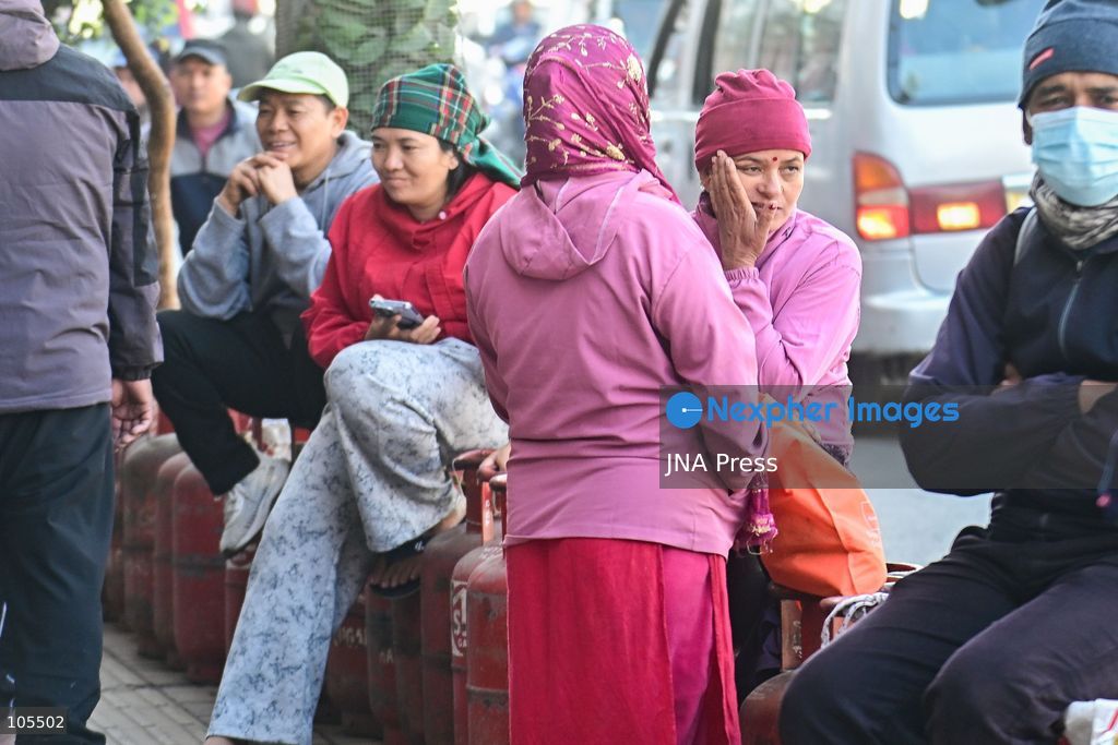 KATHMANDU, NEPAL, OCTOBER 14, 2026: Consumers queue with empty liquefied petroleum gas (LPG) cylinders at a distribution centre in Kathmandu amid a cooking gas shortage during the Dashain festival. Floods and landslides have disrupted transport routes supplying the capital, compounding difficulties in obtaining gas for household cooking and festival preparations. Photo by Safal Prakash Shrestha / JNA Press. (Photo by Safal Prakash Shrestha/JNA Press via Nexpher Images)
