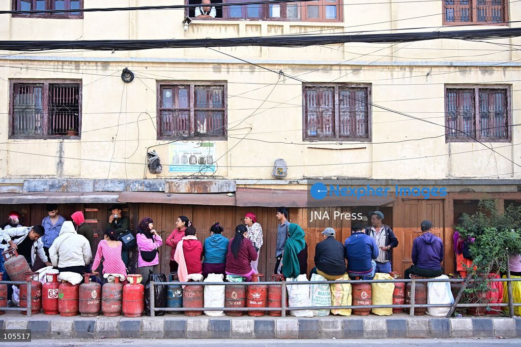 KATHMANDU, NEPAL, OCTOBER 14, 2026: Consumers queue with empty liquefied petroleum gas (LPG) cylinders at a distribution centre in Kathmandu amid a cooking gas shortage during the Dashain festival. Floods and landslides have disrupted transport routes supplying the capital, compounding difficulties in obtaining gas for household cooking and festival preparations. Photo by Safal Prakash Shrestha / JNA Press. (Photo by Safal Prakash Shrestha/JNA Press via Nexpher Images)