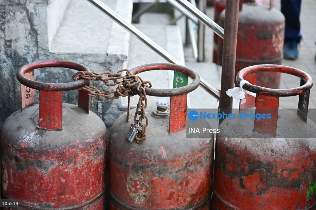 KATHMANDU, NEPAL, OCTOBER 14, 2026: Consumers queue with empty liquefied petroleum gas (LPG) cylinders at a distribution centre in Kathmandu amid a cooking gas shortage during the Dashain festival. Floods and landslides have disrupted transport routes supplying the capital, compounding difficulties in obtaining gas for household cooking and festival preparations. Photo by Safal Prakash Shrestha / JNA Press. (Photo by Safal Prakash Shrestha/JNA Press via Nexpher Images)