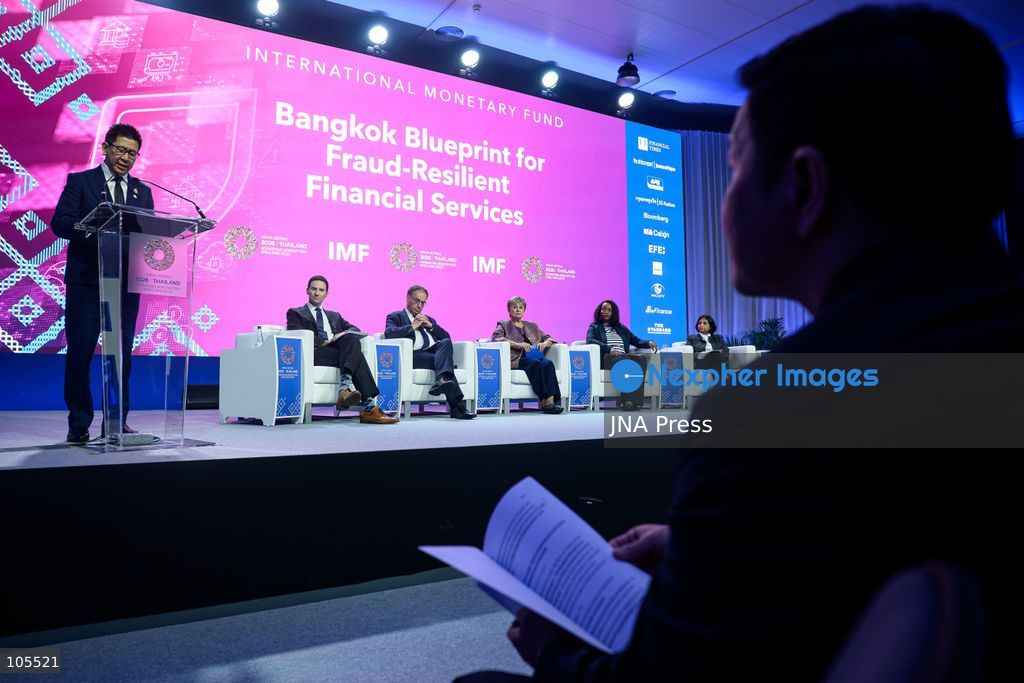 BANGKOK, THAILAND - October 14, 2026: Thailand’s Deputy Prime Minister and Finance Minister, Ekniti Nitithanprapas gives an opening remarks speech on the podium as (FROM LEFT TO RIGHT) Vice president & Chair of International Economics of Atlantic Council, Josh Lipsky, Governor of Bank of England, Andrew Bailey, International Monetary Fund Managing Director, Kristalina Georgieva, Governor of the National Bank of Rwanda, Soraya Munyana Hakuziyaremye, Managing Director and World Bank Group Chief Financial Officer, Anshula Kant, and (FOREGROUND) Governor of Bank of Thailand, Vitai Ratanakorn, take part in “Bangkok Blueprint for Fraud-Resilient Financial Services”. during the 2026 Annual Meetings of the International Monetary Fund and the World Bank Group in Bangkok. The session is focused on launching of the Bangkok Blueprint, a framework for tackling cyber-enabled fraud through a whole-of-ecosystem approach. Photo by Watsawat Koktabtim / JNA Press. (Photo by Watsawat "James" Koktabtim/JNA Press via Nexpher Images)