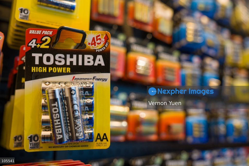 Alkaline batteries manufactured by Toshiba at the Hong Kong Electronics Fair on October 14, 2026 in Hong Kong. (Photo by Vernon Yuen/Nexpher Images)