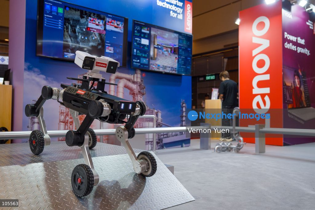 An all terrain robot developed by Lenovo at the Hong Kong Electronics Fair on October 14, 2026 in Hong Kong. (Photo by Vernon Yuen/Nexpher Images)
