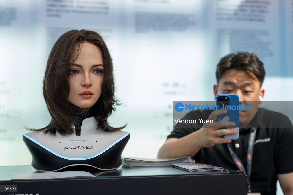 A bionic humanoid head robot at the Hong Kong Electronics Fair on October 14, 2026 in Hong Kong. (Photo by Vernon Yuen/Nexpher Images)