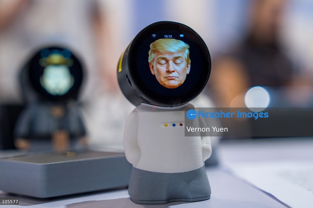 A desk AI agent with a avatar looking like US president Donald Trump at the Hong Kong Electronics Fair on October 14, 2026 in Hong Kong. (Photo by Vernon Yuen/Nexpher Images)